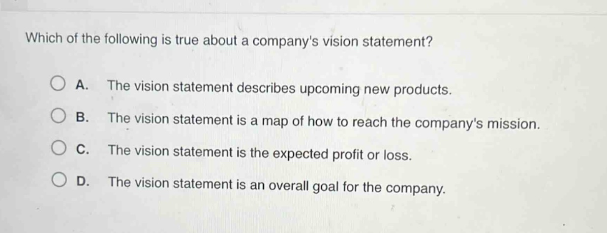 which of the following is true about a companys vision statement?\n\na. the vision statement describes upcoming new products.\nb. the vision statement is a map of how to reach the companys mission.\nc. the vision statement is the expected profit or loss.\nd. the vision statement is an overall goal for the company.