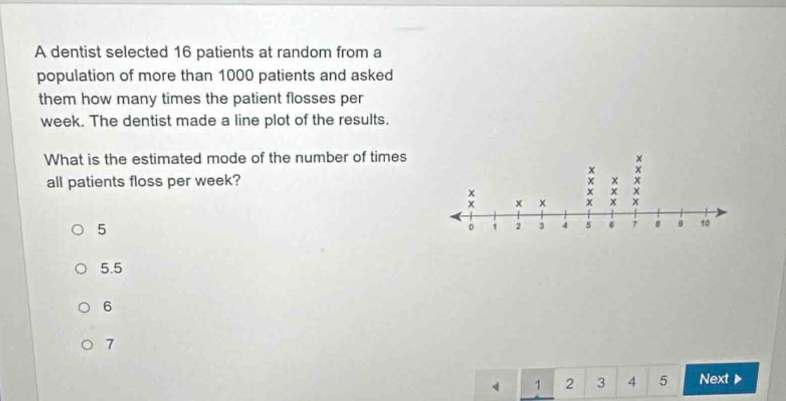 a dentist selected 16 patients at random from a population of more than 1000 patients and asked them how many times the patient flosses per week. the dentist made a line plot of the results. what is the estimated mode of the number of times all patients floss per week?\no 5\no 5.5\no 6\no 7
