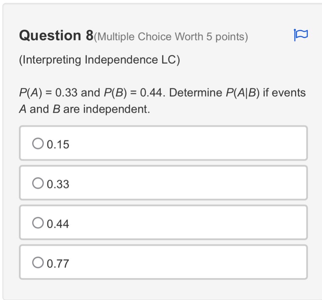 question 8(multiple choice worth 5 points)\n(interpreting independence lc)\n$p(a)=0.33$ and $p(b)=0.44$. determine $p(a|b)$ if events $a$ and $b$ are independent.\n0.15\n0.33\n0.44\n0.77