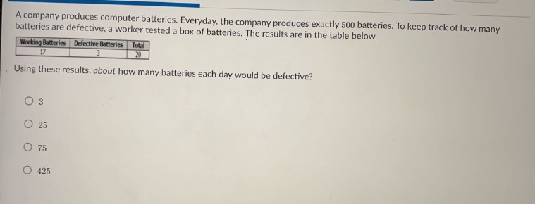 a company produces computer batteries. everyday, the company produces exactly 500 batteries. to keep track of how many batteries are defective, a worker tested a box of batteries. the results are in the table below.\n| working batteries | defective batteries | total |\n| ---- | ---- | ---- |\n| 17 | 3 | 20 |\nusing these results, about how many batteries each day would be defective?\no 3\no 25\no 75\no 425