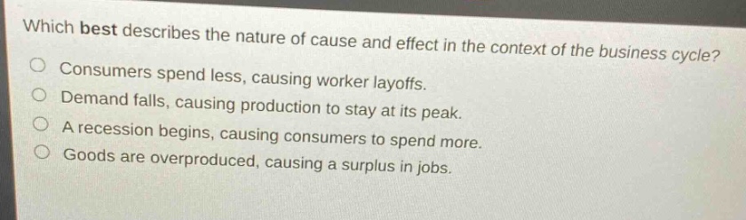 which best describes the nature of cause and effect in the context of the business cycle?\nconsumers spend less, causing worker layoffs.\ndemand falls, causing production to stay at its peak.\na recession begins, causing consumers to spend more.\ngoods are overproduced, causing a surplus in jobs.
