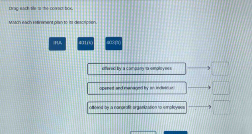drag each tile to the correct box. match each retirement plan to its description. ira 401(k) 403(b) offered by a company to employees opened and managed by an individual offered by a nonprofit organization to employees