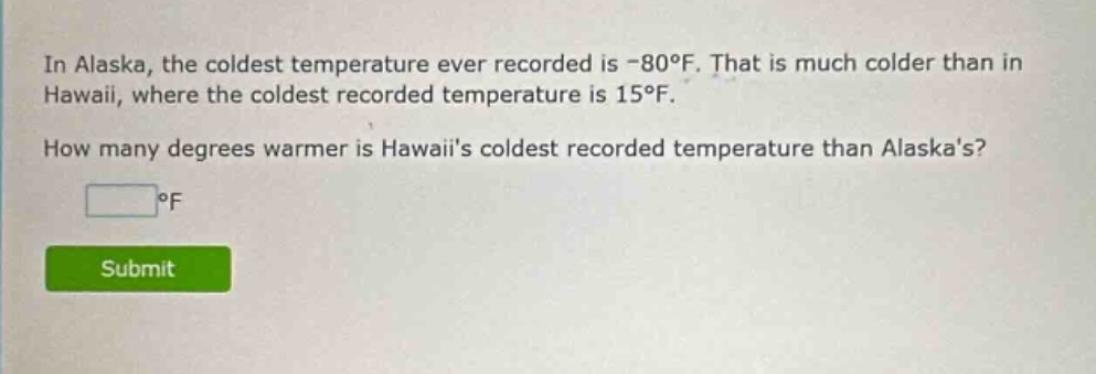 in alaska, the coldest temperature ever recorded is -80°f. that is much colder than in hawaii, where the coldest recorded temperature is 15°f. how many degrees warmer is hawaiis coldest recorded temperature than alaskas? \n\n°f