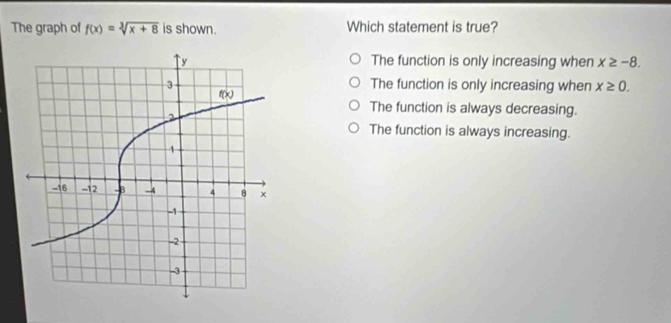 the graph of $f(x)=sqrt3{x + 8}$ is shown. which statement is true? the function is only increasing when $xgeq - 8$. the function is only increasing when $xgeq0$. the function is always decreasing. the function is always increasing.