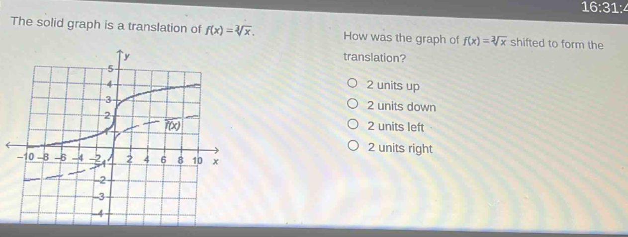 the solid graph is a translation of $f(x)=sqrt3{x}$. how was the graph of $f(x)=sqrt3{x}$ shifted to form the translation? 2 units up 2 units down 2 units left 2 units right