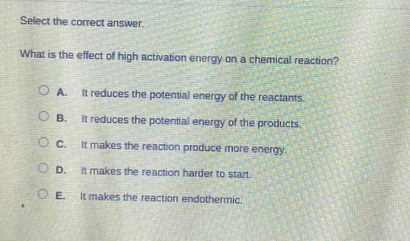 select the correct answer. what is the effect of high activation energy on a chemical reaction? a. it reduces the potential energy of the reactants. b. it reduces the potential energy of the products. c. it makes the reaction produce more energy. d. it makes the reaction harder to start. e. it makes the reaction endothermic.