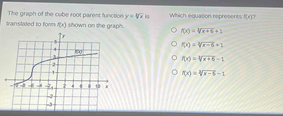 the graph of the cube root parent function $y = sqrt3{x}$ is translated to form $f(x)$ shown on the graph. which equation represents $f(x)$? $f(x)=sqrt3{x + 6}+1$ $f(x)=sqrt3{x - 6}+1$ $f(x)=sqrt3{x + 6}-1$ $f(x)=sqrt3{x - 6}-1$