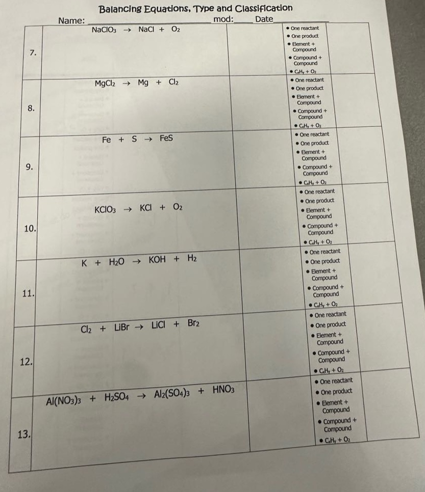 balancing equations, type and classification\nname: mod: date\n7. naclo₃ → nacl + o₂\n8. mgcl₂ → mg + cl₂\n9. fe + s → fes\n10. kclo₃ → kcl + o₂\n11. k + h₂o → koh + h₂\n12. cl₂ + libr → licl + br₂\n13. al(no₃)₃ + h₂so₄ → al₂(so₄)₃ + hno₃