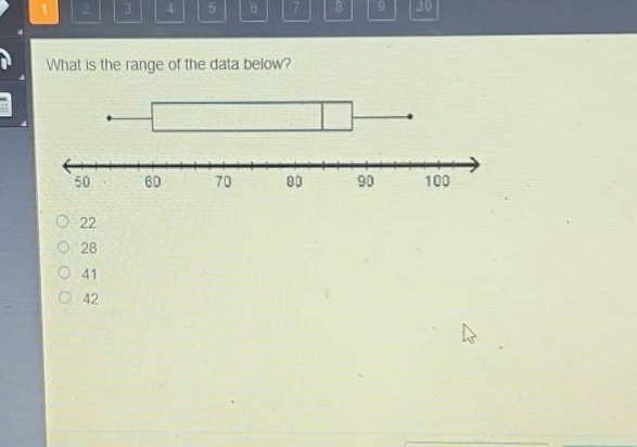 what is the range of the data below?\n50 60 70 80 90 100\n22\n28\n41\n42