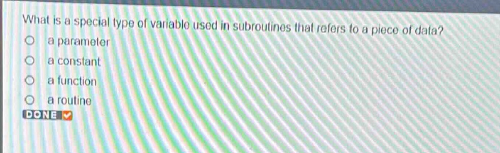 what is a special type of variable used in subroutines that refers to a piece of data?\n a parameter\n a constant\n a function\n a routine