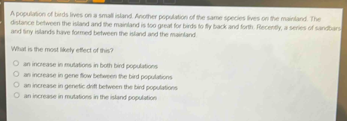 a population of birds lives on a small island. another population of the same species lives on the mainland. the distance between the island and the mainland is too great for birds to fly back and forth. recently, a series of sandbars and tiny islands have formed between the island and the mainland.\nwhat is the most likely effect of this?\n○ an increase in mutations in both bird populations\n○ an increase in gene flow between the bird populations\n○ an increase in genetic drift between the bird populations\n○ an increase in mutations in the island population