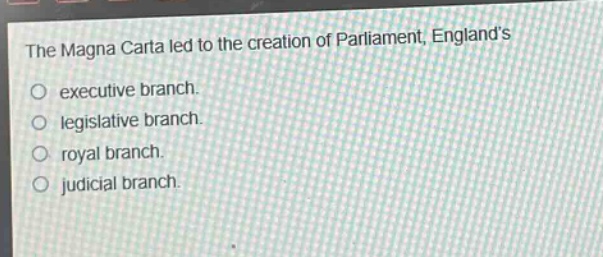 the magna carta led to the creation of parliament, englands\no executive branch.\no legislative branch.\no royal branch.\no judicial branch.