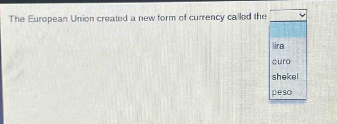 the european union created a new form of currency called the\nlira\neuro\nshekel\npeso
