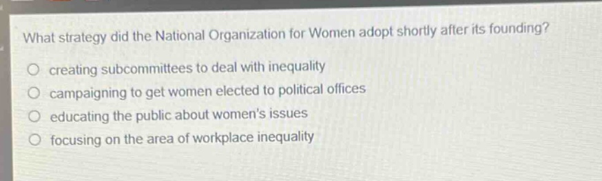 what strategy did the national organization for women adopt shortly after its founding?\n creating subcommittees to deal with inequality\n campaigning to get women elected to political offices\n educating the public about womens issues\n focusing on the area of workplace inequality