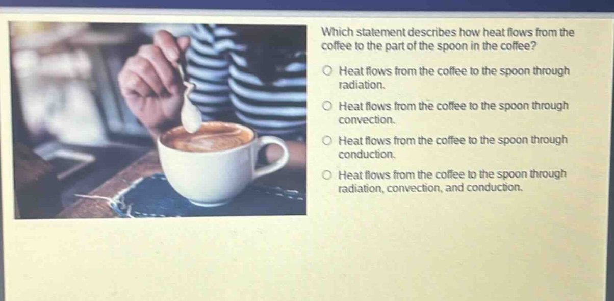 which statement describes how heat flows from the coffee to the part of the spoon in the coffee?\nheat flows from the coffee to the spoon through radiation.\nheat flows from the coffee to the spoon through convection.\nheat flows from the coffee to the spoon through conduction.\nheat flows from the coffee to the spoon through radiation, convection, and conduction.