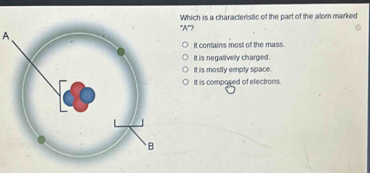 which is a characteristic of the part of the atom marked \a\?\nit contains most of the mass.\nit is negatively charged.\nit is mostly empty space.\nit is composed of electrons.