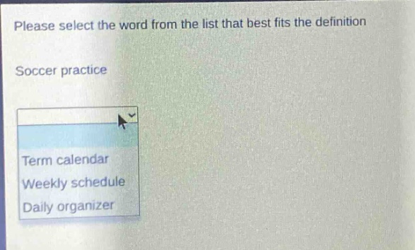 please select the word from the list that best fits the definition\nsoccer practice\nterm calendar\nweekly schedule\ndaily organizer