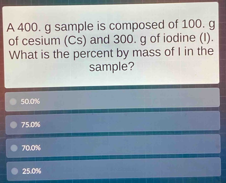 a 400. g sample is composed of 100. g of cesium (cs) and 300. g of iodine (i). what is the percent by mass of i in the sample?\n50.0%\n75.0%\n70.0%\n25.0%