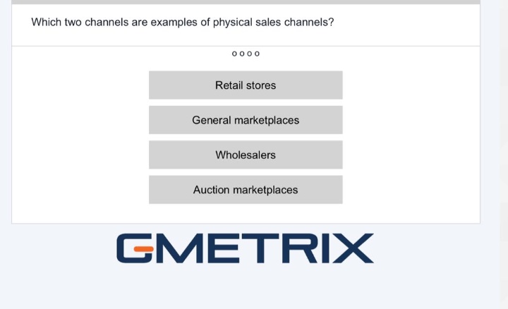 which two channels are examples of physical sales channels?\nretail stores\ngeneral marketplaces\nwholesalers\nauction marketplaces