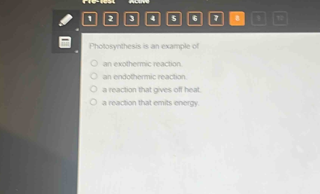 photosynthesis is an example of\nan exothermic reaction.\nan endothermic reaction.\na reaction that gives off heat.\na reaction that emits energy.