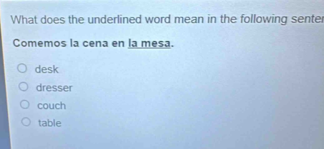 what does the underlined word mean in the following sentence? comemos la cena en la mesa. desk dresser couch table