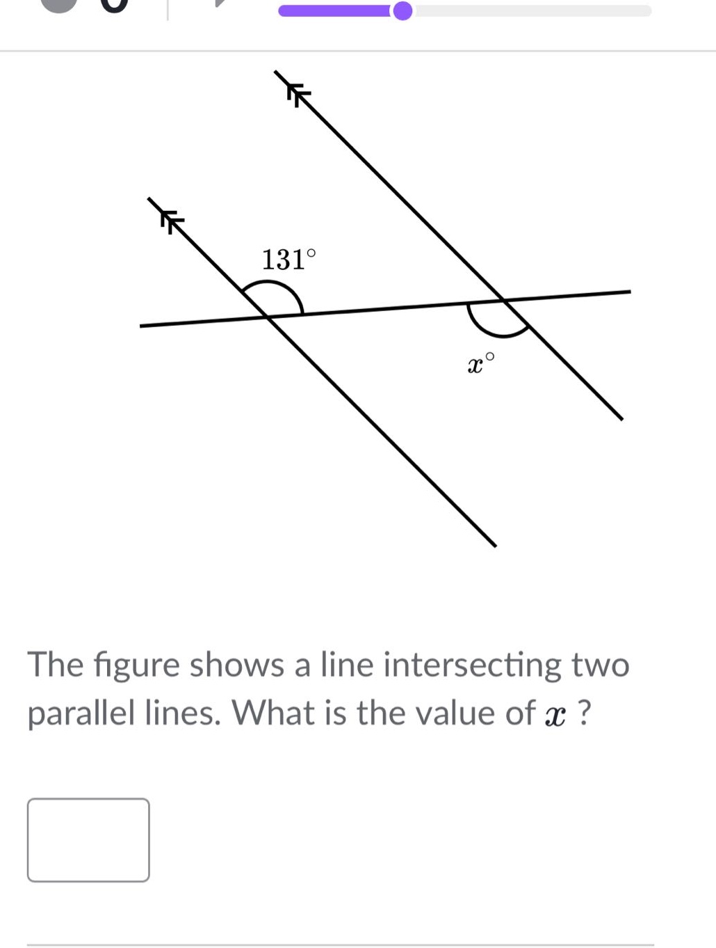 the figure shows a line intersecting two parallel lines. what is the value of $x$?