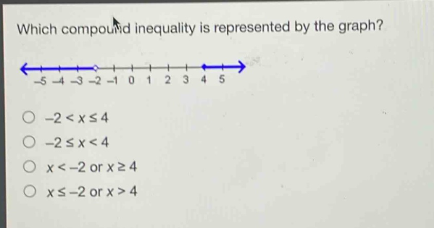 which compound inequality is represented by the graph? -5 -4 -3 -2 -1 0 1 2 3 4 5 -2 < x ≤ 4 -2 ≤ x < 4 x < -2 or x ≥ 4 x ≤ -2 or x > 4