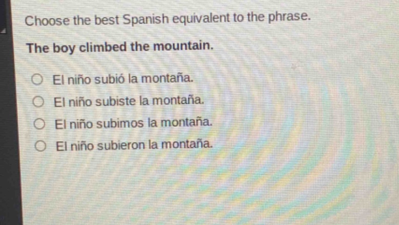choose the best spanish equivalent to the phrase. the boy climbed the mountain. el niño subió la montaña. el niño subiste la montaña. el niño subimos la montaña. el niño subieron la montaña.