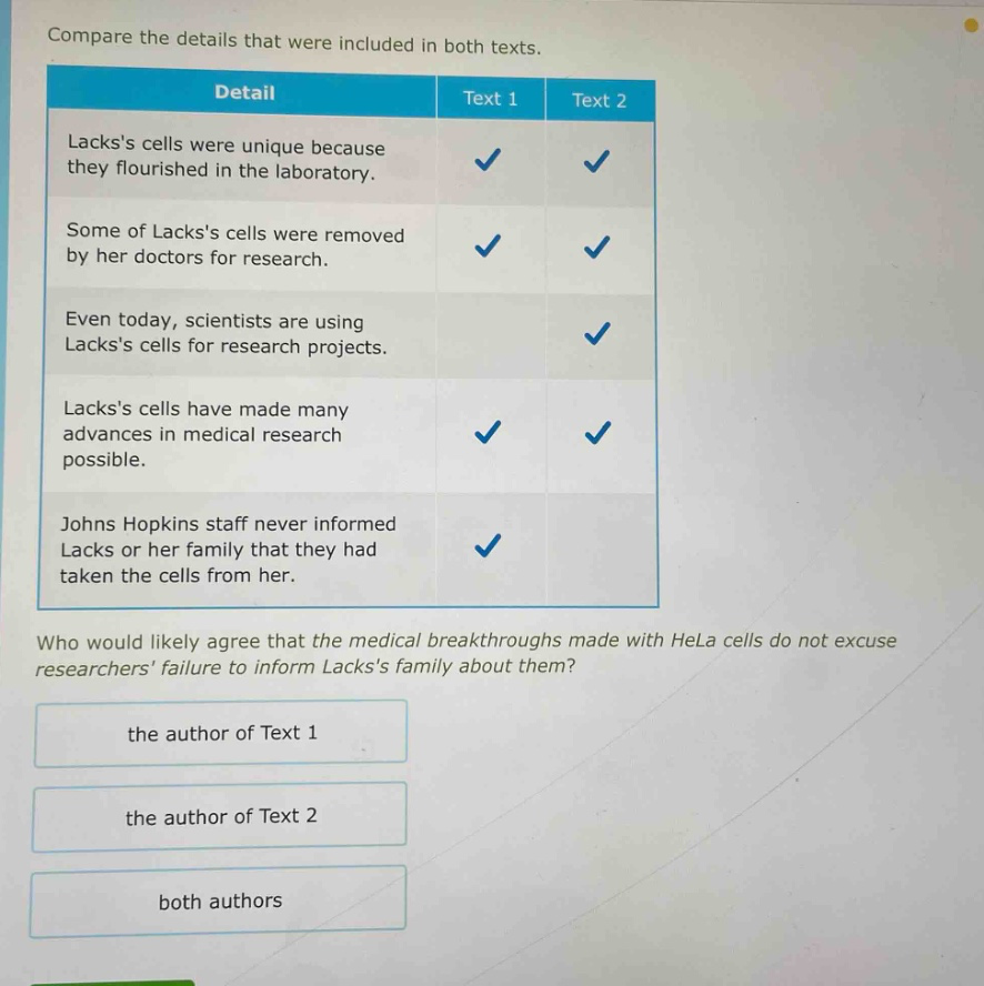 compare the details that were included in both texts.\ndetail text 1 text 2\nlackss cells were unique because they flourished in the laboratory. ✓ ✓\nsome of lackss cells were removed by her doctors for research. ✓ ✓\neven today, scientists are using lackss cells for research projects. ✓\nlackss cells have made many advances in medical research possible. ✓ ✓\njohns hopkins staff never informed lacks or her family that they had taken the cells from her. ✓\nwho would likely agree that the medical breakthroughs made with hela cells do not excuse researchers failure to inform lackss family about them?\nthe author of text 1\nthe author of text 2\nboth authors