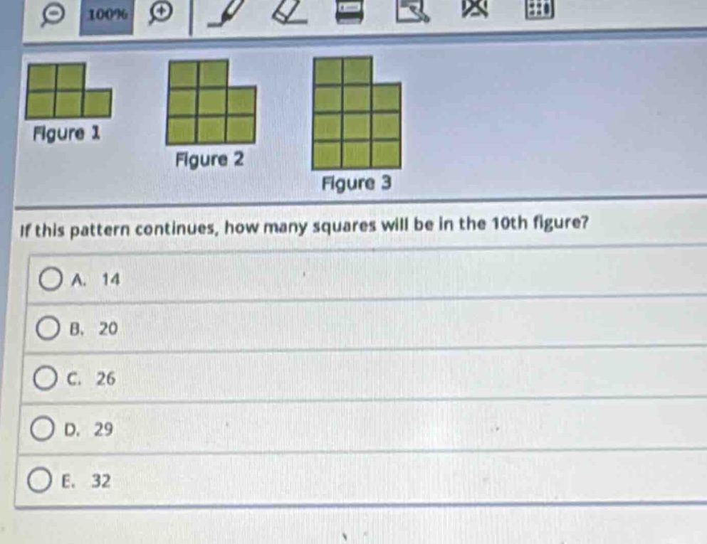 if this pattern continues, how many squares will be in the 10th figure?\na. 14\nb. 20\nc. 26\nd. 29\ne. 32