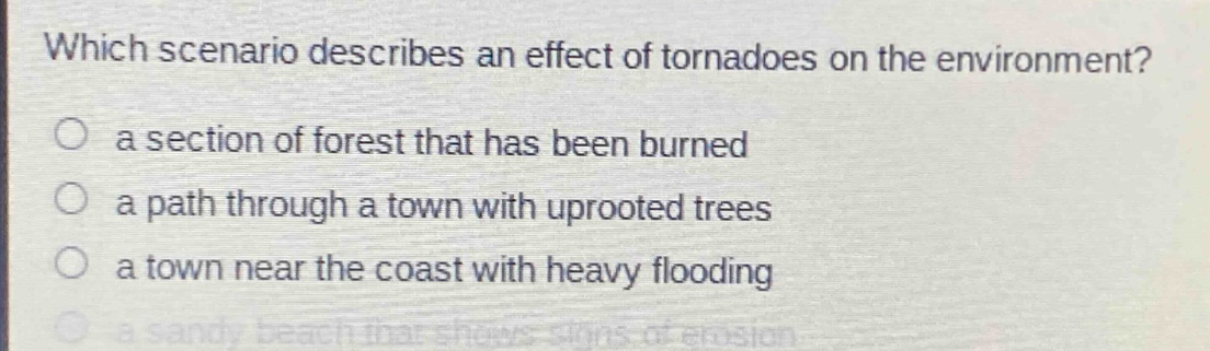 which scenario describes an effect of tornadoes on the environment?\n a section of forest that has been burned\n a path through a town with uprooted trees\n a town near the coast with heavy flooding\n a sandy beach that shows signs of erosion
