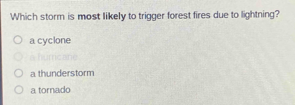 which storm is most likely to trigger forest fires due to lightning?\no a cyclone\no a hurricane\no a thunderstorm\no a tornado