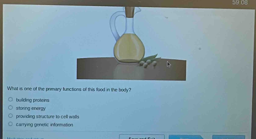 what is one of the primary functions of this food in the body?\n building proteins\n storing energy\n providing structure to cell walls\n carrying genetic information