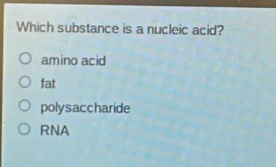 which substance is a nucleic acid?\no amino acid\no fat\no polysaccharide\no rna
