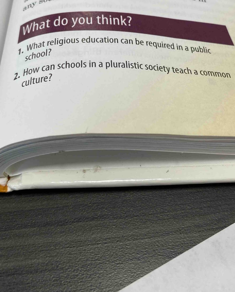 what do you think?\n1. what religious education can be required in a public school?\n2. how can schools in a pluralistic society teach a common culture?