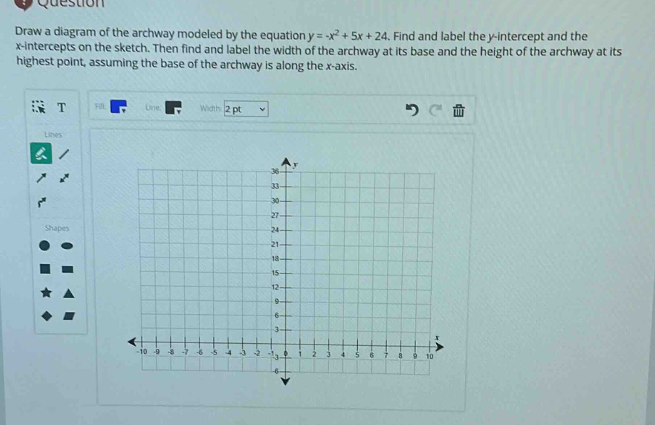 draw a diagram of the archway modeled by the equation y = -x² + 5x + 24. find and label the y - intercept and the x - intercepts on the sketch. then find and label the width of the archway at its base and the height of the archway at its highest point, assuming the base of the archway is along the x - axis.