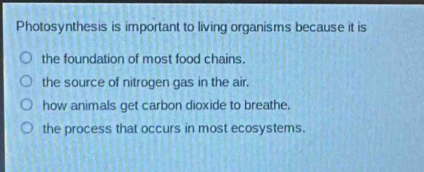 photosynthesis is important to living organisms because it is\nthe foundation of most food chains.\nthe source of nitrogen gas in the air.\nhow animals get carbon dioxide to breathe.\nthe process that occurs in most ecosystems.