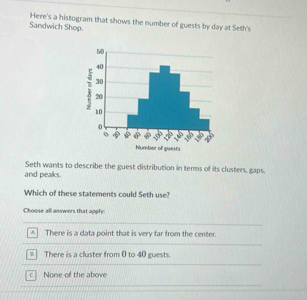 heres a histogram that shows the number of guests by day at seths sandwich shop. seth wants to describe the guest distribution in terms of its clusters, gaps, and peaks. which of these statements could seth use? choose all answers that apply: a there is a data point that is very far from the center. b there is a cluster from 0 to 40 guests. c none of the above