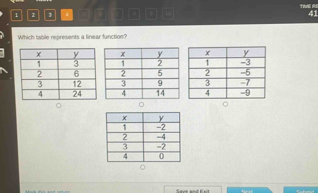 which table represents a linear function?\n| x | y |\n|----|----|\n| 1 | 3 |\n| 2 | 6 |\n| 3 | 12 |\n| 4 | 24 |\n\n| x | y |\n|----|----|\n| 1 | 2 |\n| 2 | 5 |\n| 3 | 9 |\n| 4 | 14 |\n\n| x | y |\n|----|----|\n| 1 | -3 |\n| 2 | -5 |\n| 3 | -7 |\n| 4 | -9 |\n\n| x | y |\n|----|----|\n| 1 | -2 |\n| 2 | -4 |\n| 3 | -2 |\n| 4 | 0 |