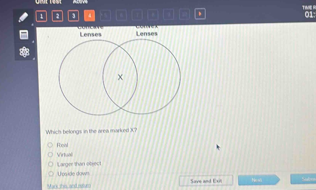 which belongs in the area marked x?\nreal\nvirtual\nlarger than object\nupside down