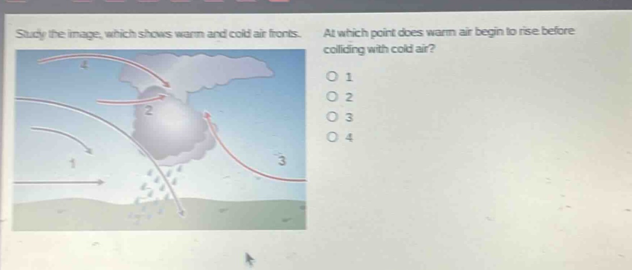 study the image, which shows warm and cold air fronts. at which point does warm air begin to rise before colliding with cold air? o 1 o 2 o 3 o 4