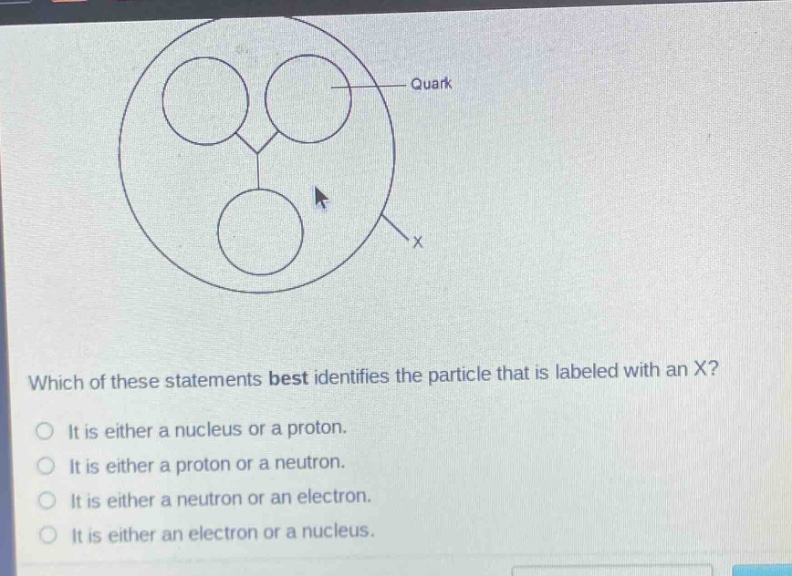 which of these statements best identifies the particle that is labeled with an x?\no it is either a nucleus or a proton.\no it is either a proton or a neutron.\no it is either a neutron or an electron.\no it is either an electron or a nucleus.