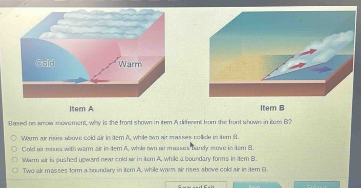 based on arrow movement, why is the front shown in item a different from the front shown in item b?\nwarm air rises above cold air in item a, while two air masses collide in item b.\ncold air mixes with warm air in item a, while two air masses barely move in item b.\nwarm air is pushed upward near cold air in item a, while a boundary forms in item b.\ntwo air masses form a boundary in item a, while warm air rises above cold air in item b.