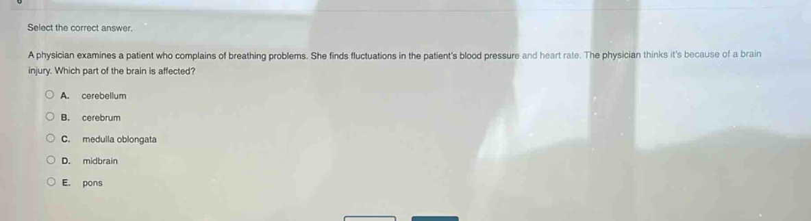 select the correct answer.\na physician examines a patient who complains of breathing problems. she finds fluctuations in the patients blood pressure and heart rate. the physician thinks its because of a brain injury. which part of the brain is affected?\na. cerebellum\nb. cerebrum\nc. medulla oblongata\nd. midbrain\ne. pons