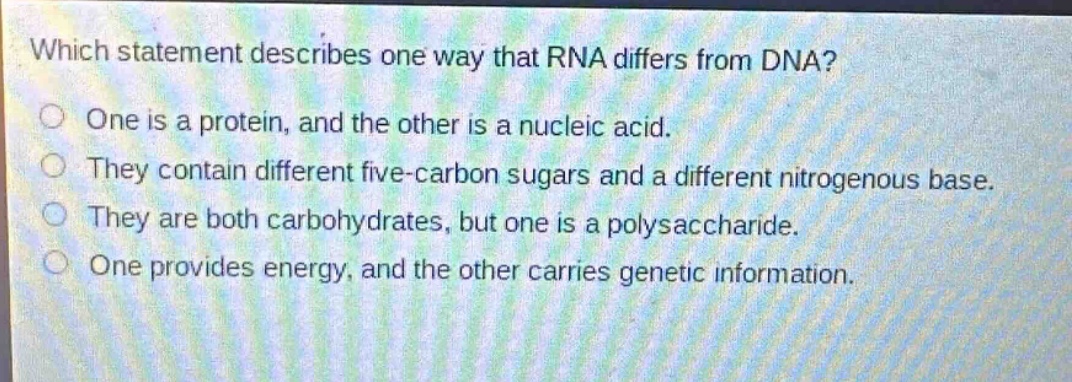 which statement describes one way that rna differs from dna?\none is a protein, and the other is a nucleic acid.\nthey contain different five - carbon sugars and a different nitrogenous base.\nthey are both carbohydrates, but one is a polysaccharide.\none provides energy, and the other carries genetic information.