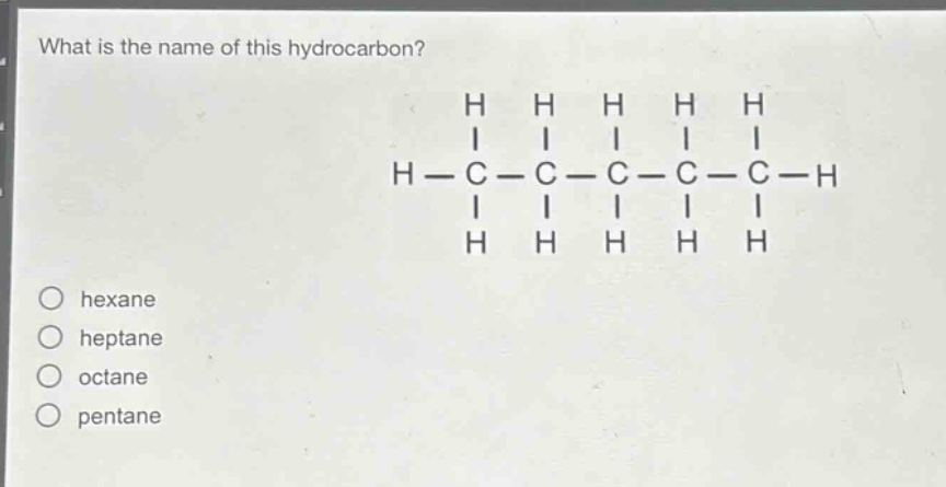 what is the name of this hydrocarbon?\no hexane\no heptane\no octane\no pentane