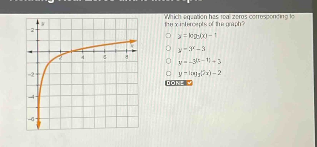 which equation has real zeros corresponding to the x - intercepts of the graph?\n$y = \\log_3(x)-1$\n$y = 3^x - 3$\n$y=-3^{(x - 1)}+3$\n$y = \\log_3(2x)-2$\ndone