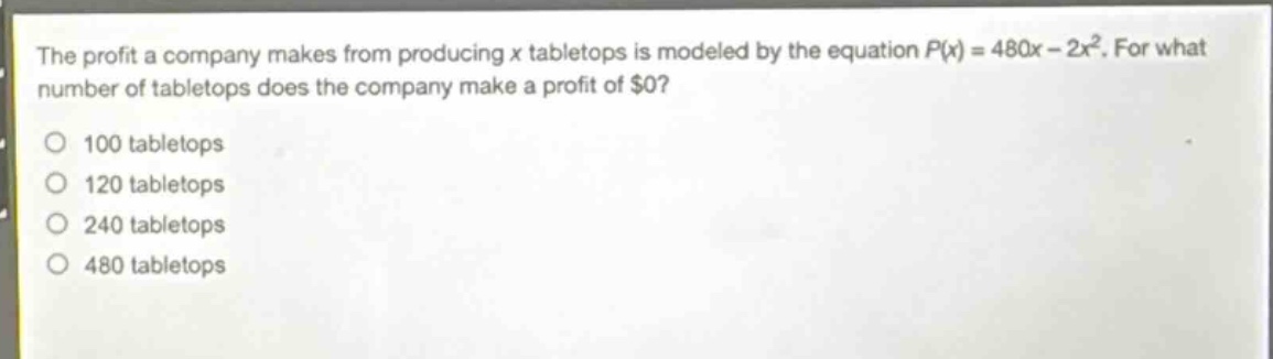 the profit a company makes from producing x tabletops is modeled by the equation $p(x)=480x - 2x^{2}$. for what number of tabletops does the company make a profit of $0?\n100 tabletops\n120 tabletops\n240 tabletops\n480 tabletops