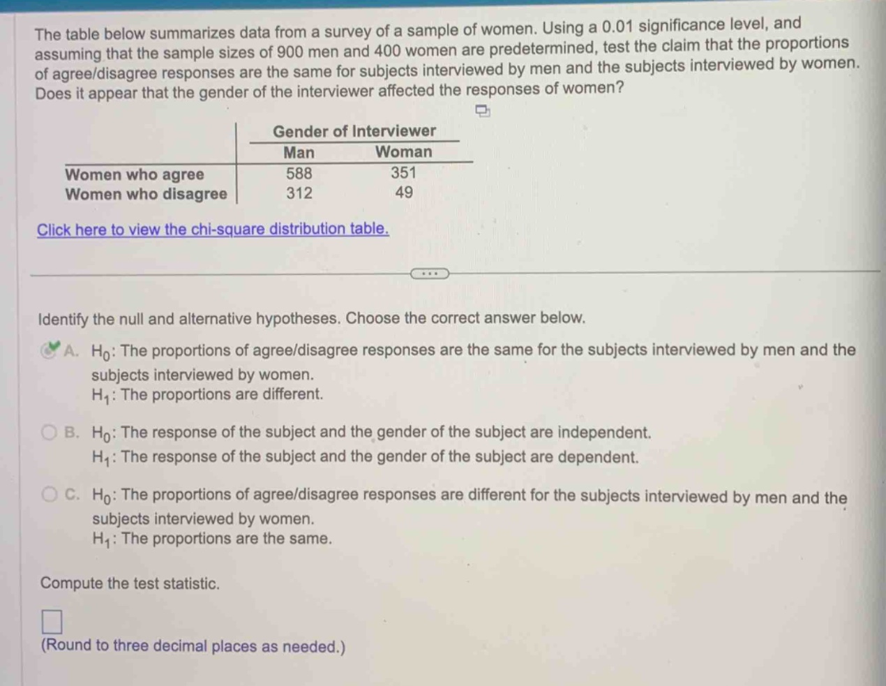 the table below summarizes data from a survey of a sample of women. using a 0.01 significance level, and assuming that the sample sizes of 900 men and 400 women are predetermined, test the claim that the proportions of agree/disagree responses are the same for subjects interviewed by men and the subjects interviewed by women. does it appear that the gender of the interviewer affected the responses of women?\n\n| gender of interviewer | man | woman |\n|--|--|--|\n| women who agree | 588 | 351 |\n| women who disagree | 312 | 49 |\n\nclick here to view the chi - square distribution table.\n\nidentify the null and alternative hypotheses. choose the correct answer below.\na. $h_0$: the proportions of agree/disagree responses are the same for the subjects interviewed by men and the subjects interviewed by women.\n$h_1$: the proportions are different.\nb. $h_0$: the response of the subject and the gender of the subject are independent.\n$h_1$: the response of the subject and the gender of the subject are dependent.\nc. $h_0$: the proportions of agree/disagree responses are different for the subjects interviewed by men and the subjects interviewed by women.\n$h_1$: the proportions are the same.\n\ncompute the test statistic.\n(round to three decimal places as needed.)