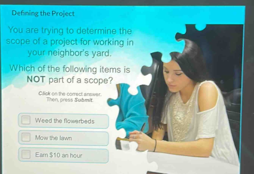 defining the project\nyou are trying to determine the scope of a project for working in your neighbor’s yard.\nwhich of the following items is not part of a scope?\nclick on the correct answer.\nthen, press submit.\nweed the flowerbeds\nmow the lawn\nearn $10 an hour